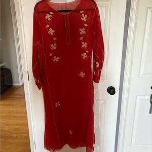 Elegant Red Floral Embroidered Long Sleeve Dress